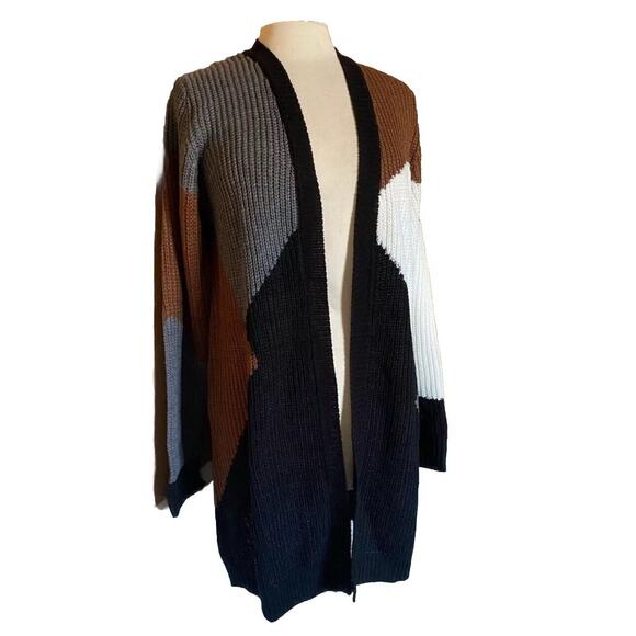 Fortune & Ivy Women’s Cardigan Sweater Sz M Color block Open Front Longline Knit - Picture 1 of 11